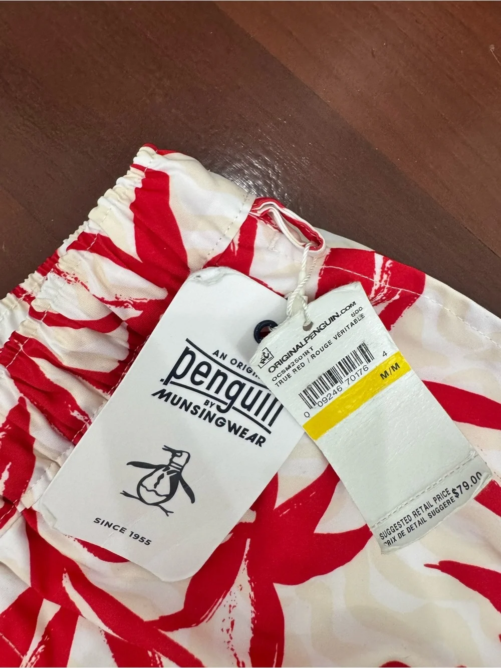 Original Penguin Red and White Leaf-Print Men's Swim Trunks